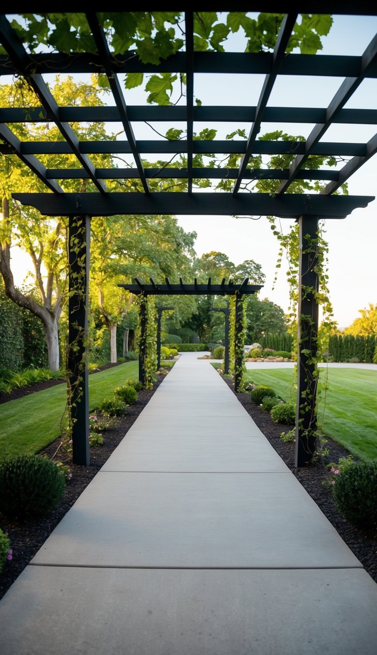 A pergola stands at the entrance of a long driveway, adorned with climbing vines and surrounded by carefully landscaped greenery