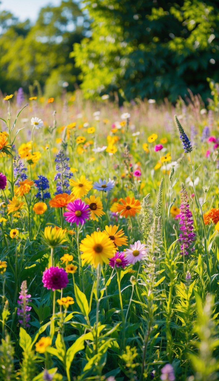 A vibrant wildflower meadow with a variety of colorful blooms and tall grasses swaying in the breeze, surrounded by lush green foliage and dappled sunlight