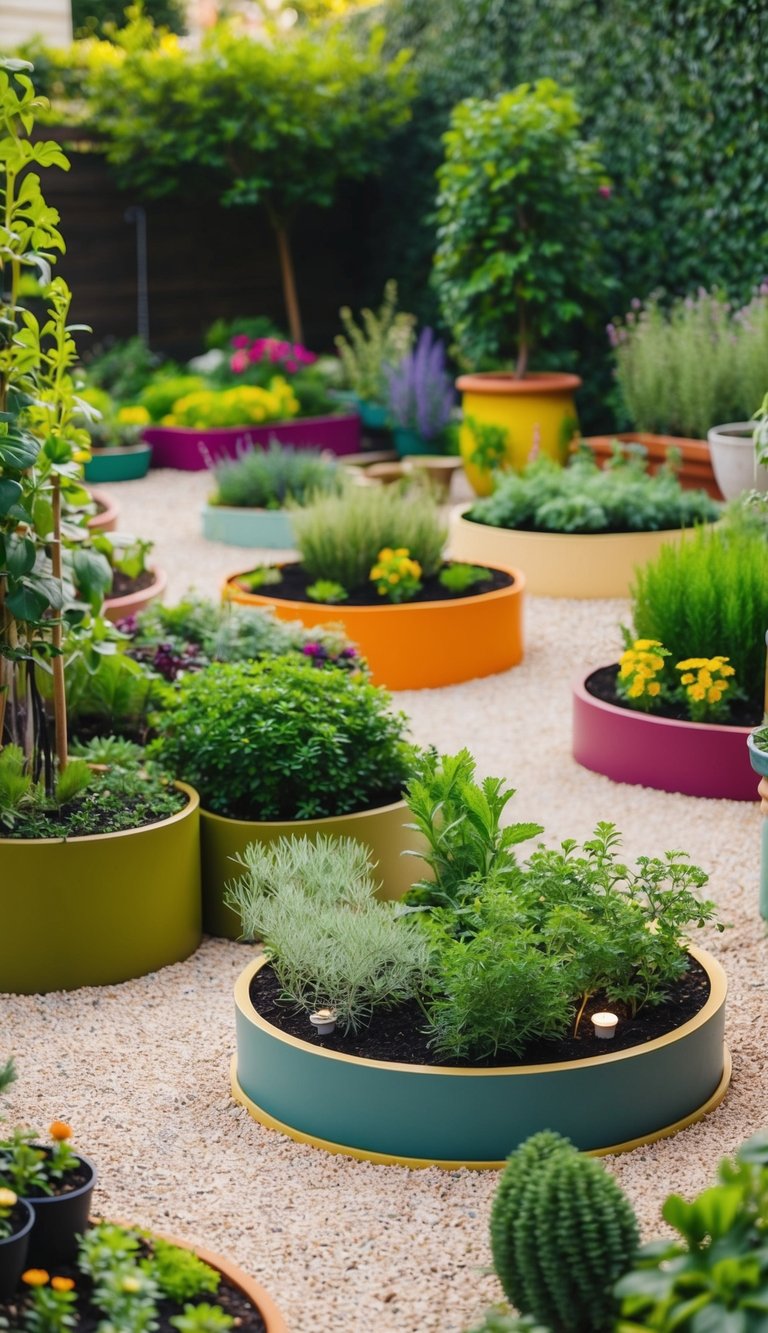 A whimsical herb garden with winding paths, colorful planters, and a variety of themed sections, including a Mediterranean herb corner and a medicinal herb bed