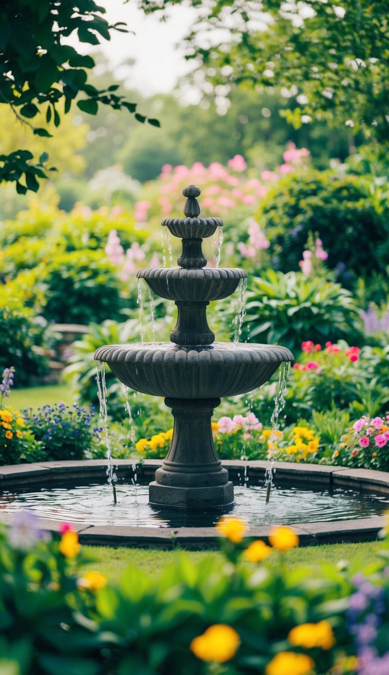 A tranquil garden with a stone fountain surrounded by lush greenery and colorful flowers, creating a serene and dreamy atmosphere