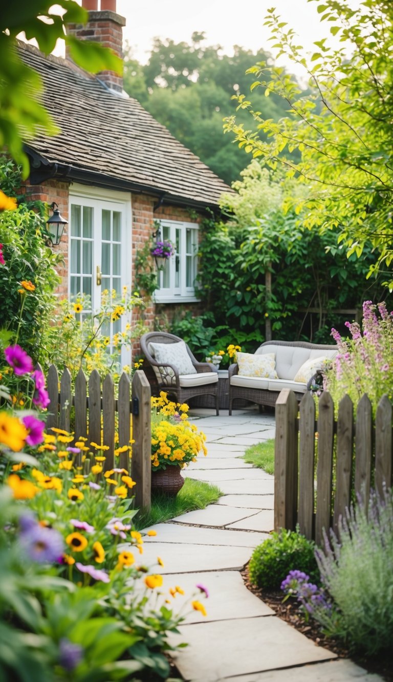 A charming cottage-style garden with a mix of colorful flowers, winding pathways, and a rustic wooden fence. A cozy seating area is surrounded by lush greenery, creating a peaceful and inviting atmosphere