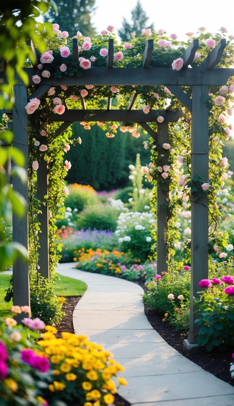 A pergola covered in climbing roses stands in the center of a lush garden, surrounded by colorful flowers and winding pathways