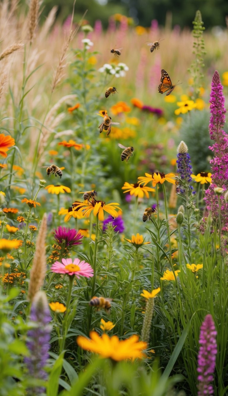 A colorful garden bursting with native flowers, buzzing with bees and fluttering with butterflies. A mix of tall grasses, wildflowers, and shrubs create a diverse and inviting habitat for pollinators