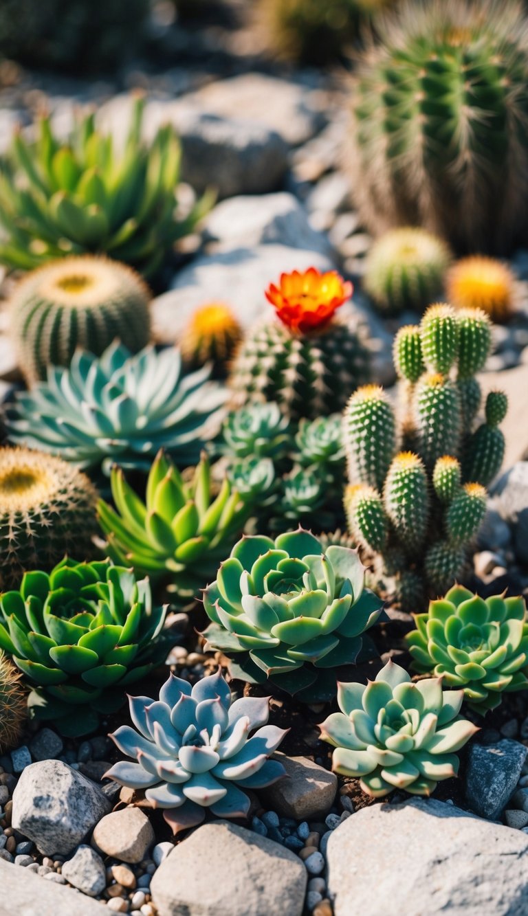 A variety of succulents and cacti arranged in a small rock garden, with different shapes, sizes, and colors creating a visually appealing and low-maintenance landscape