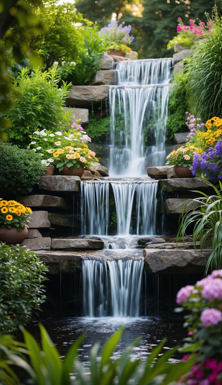A cascading waterfall flows down multiple levels, surrounded by lush greenery and colorful flowers in a serene garden setting