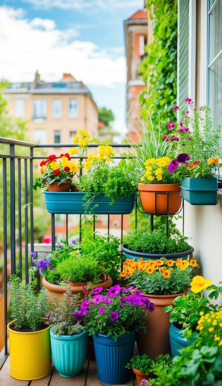 A cozy balcony with various containers filled with vibrant flowers and herbs, creating a lush and colorful small-space garden