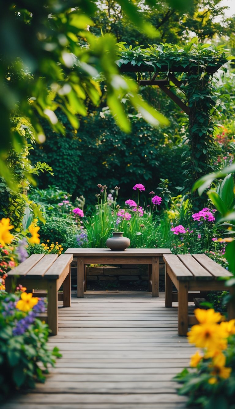 A serene meditation nook with wooden benches surrounded by lush greenery and vibrant flowers, creating a peaceful and dreamy garden retreat