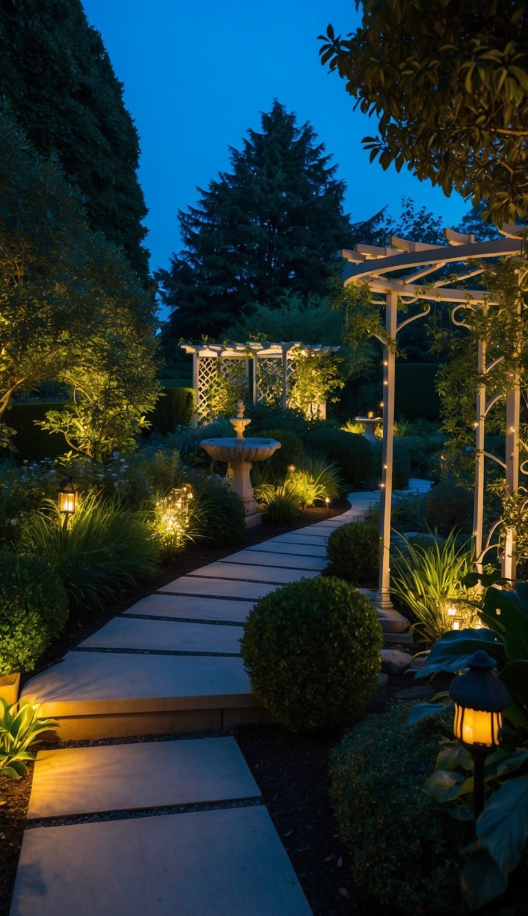 A lush garden at dusk, with decorative lighting illuminating pathways and highlighting unique features such as a fountain or trellis