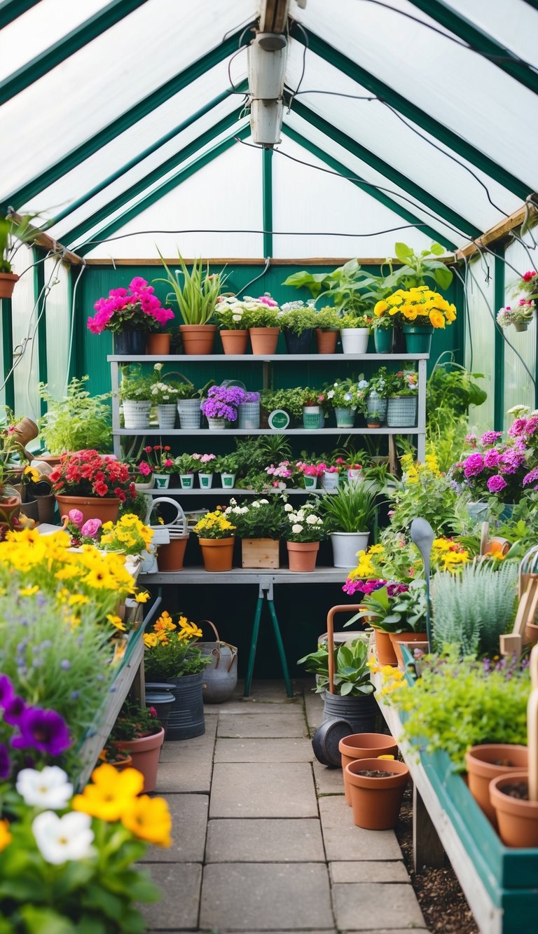 A small greenhouse filled with 23 dream garden ideas, including colorful flowers, lush greenery, and a variety of planters and gardening tools