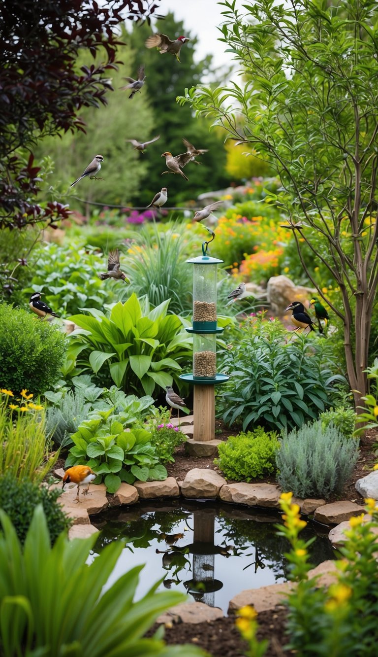A lush garden filled with native plants, bird feeders, and a small pond surrounded by trees and shrubs. Various bird species are perched on branches and fluttering around