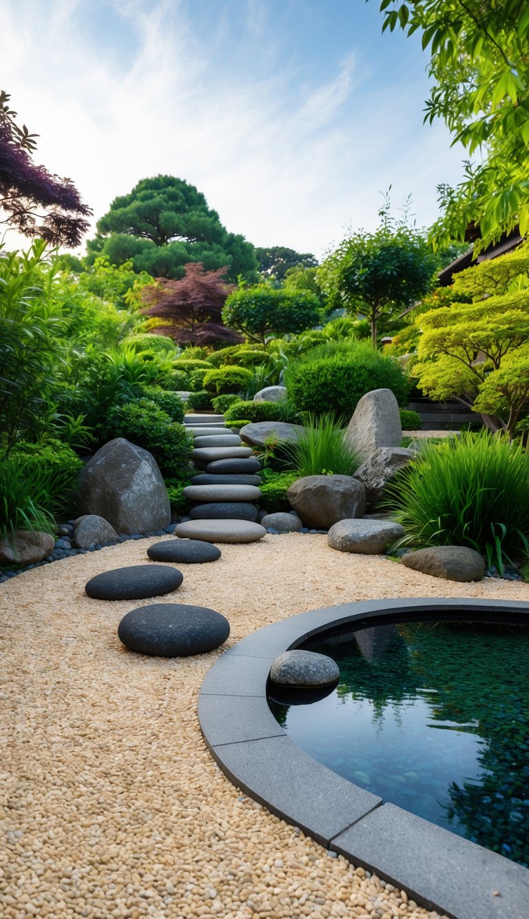 A tranquil Japanese zen garden with raked gravel, stepping stones, and carefully placed rocks surrounded by lush greenery and a peaceful water feature