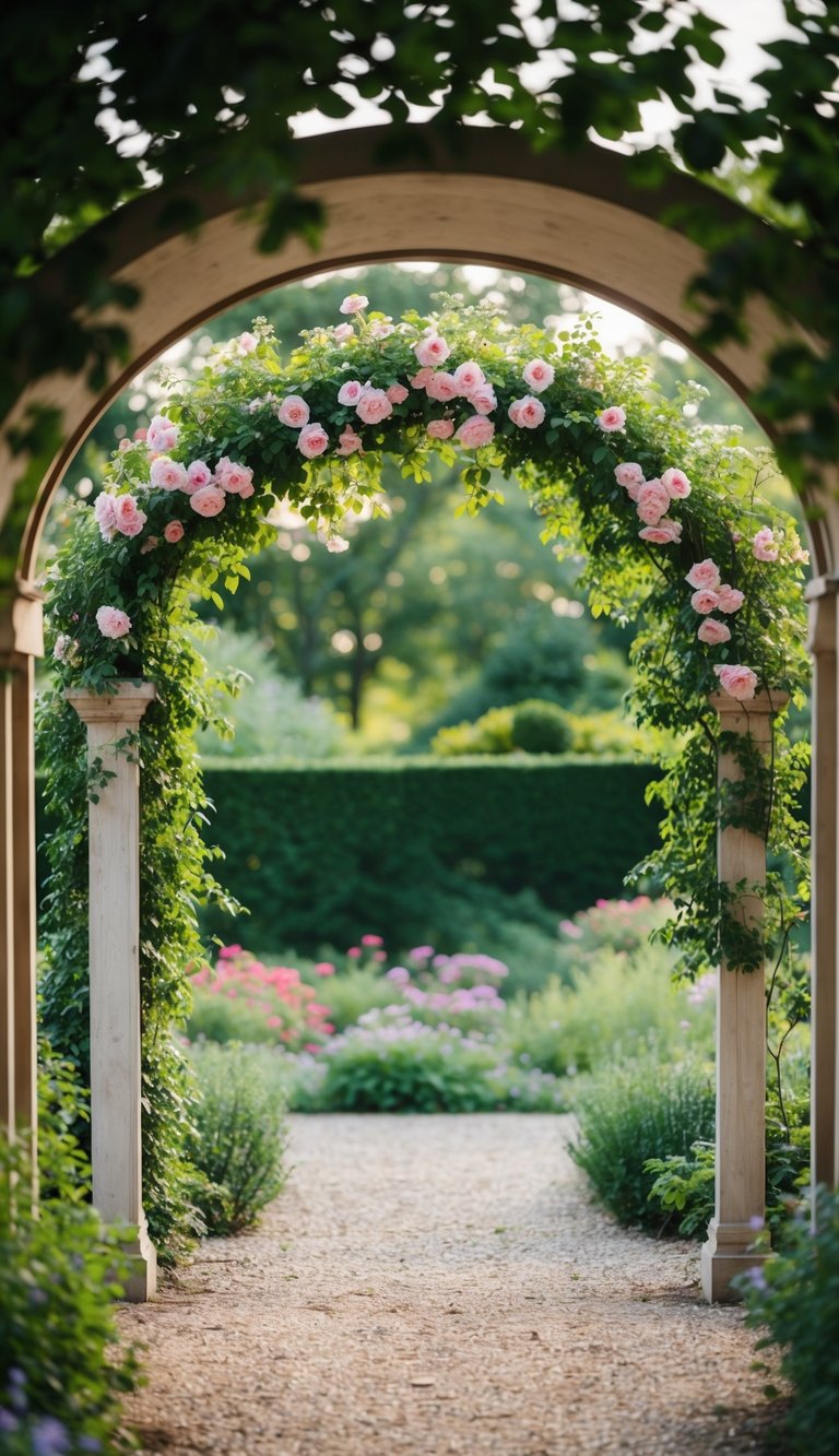 A garden archway adorned with climbing flowers and surrounded by lush greenery