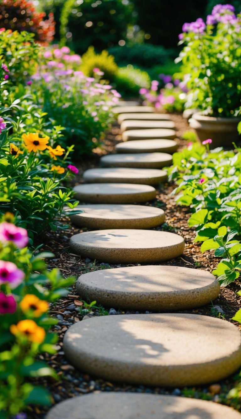 A winding stone path with stepping stones leads through a lush garden, surrounded by vibrant flowers and greenery