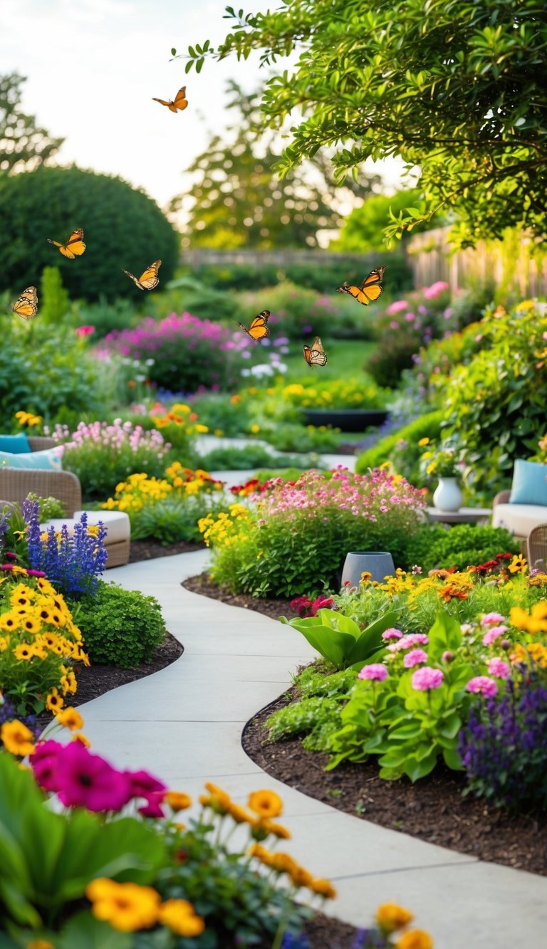 A lush garden filled with colorful flowers and fluttering butterflies. A peaceful oasis with winding paths and cozy seating areas