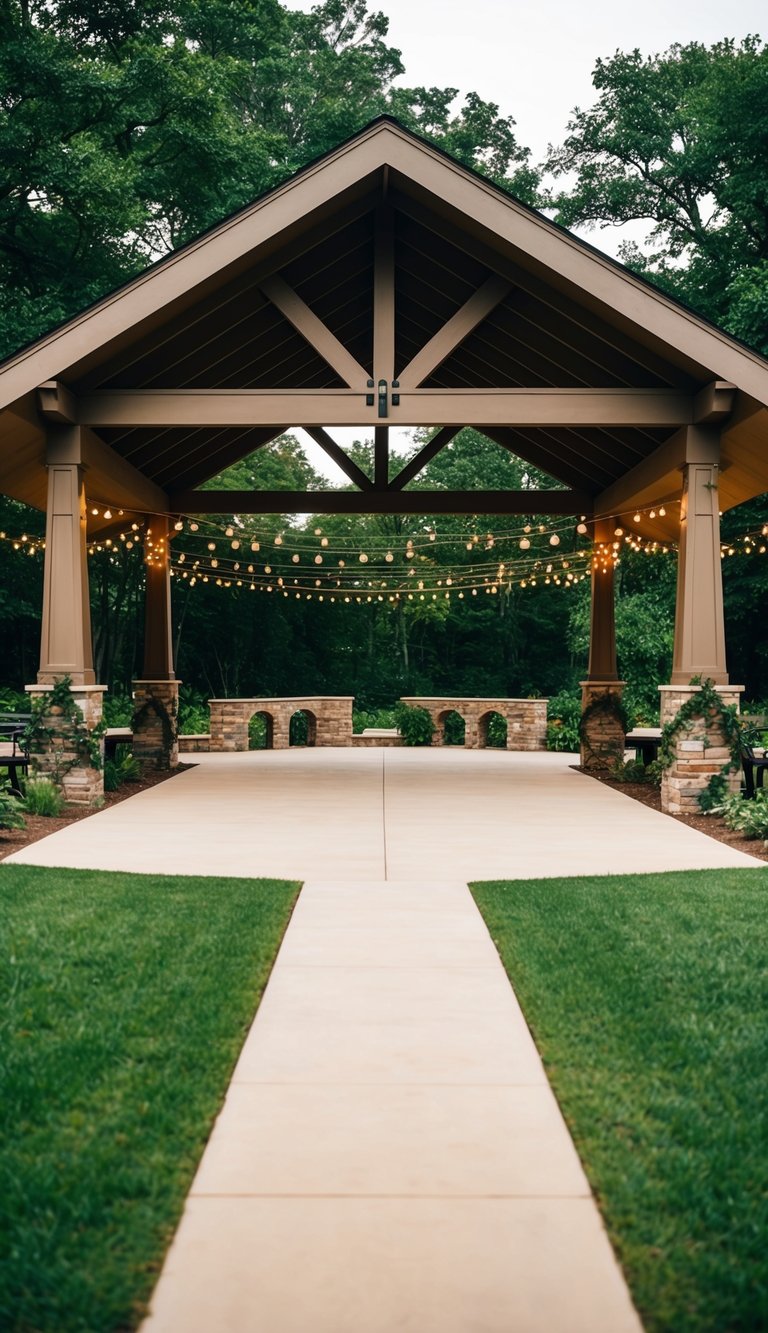 A spacious outdoor pavilion with a gabled roof and wooden pillars, surrounded by lush greenery and adorned with string lights