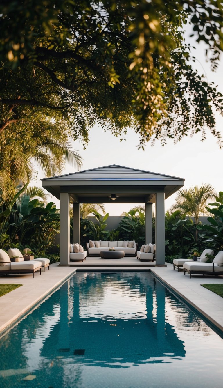 A serene poolside oasis with a modern pavilion surrounded by lush greenery and comfortable seating, creating a tranquil and inviting outdoor space
