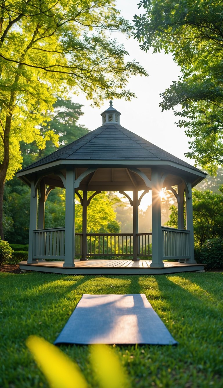 A serene outdoor pavilion with a yoga mat, surrounded by lush greenery and soft sunlight filtering through the trees