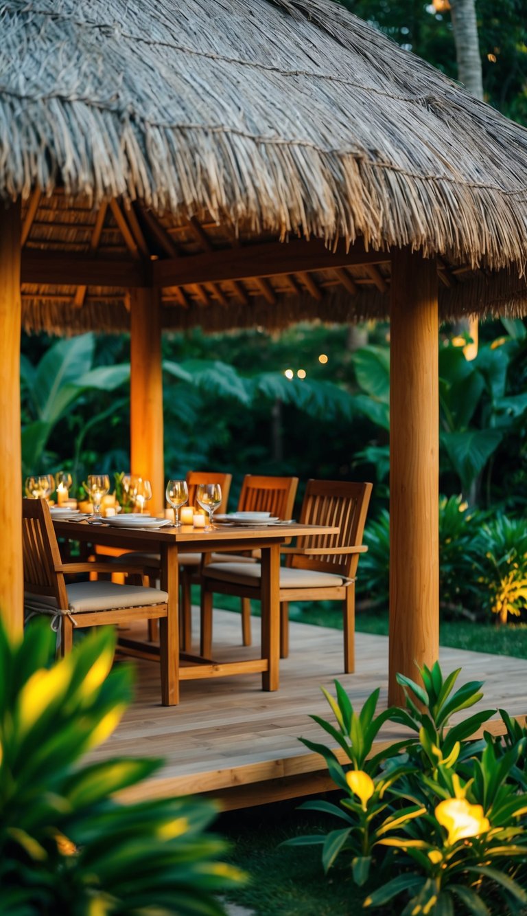 A wooden dining pavilion with a thatched roof, surrounded by lush greenery and warm lighting