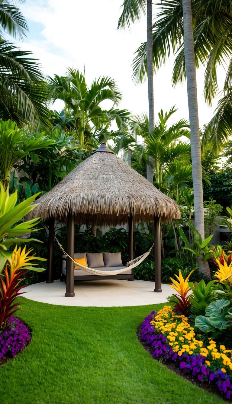 A lush garden with a thatched-roof gazebo surrounded by palm trees and colorful tropical flowers. A hammock and comfortable seating invite relaxation