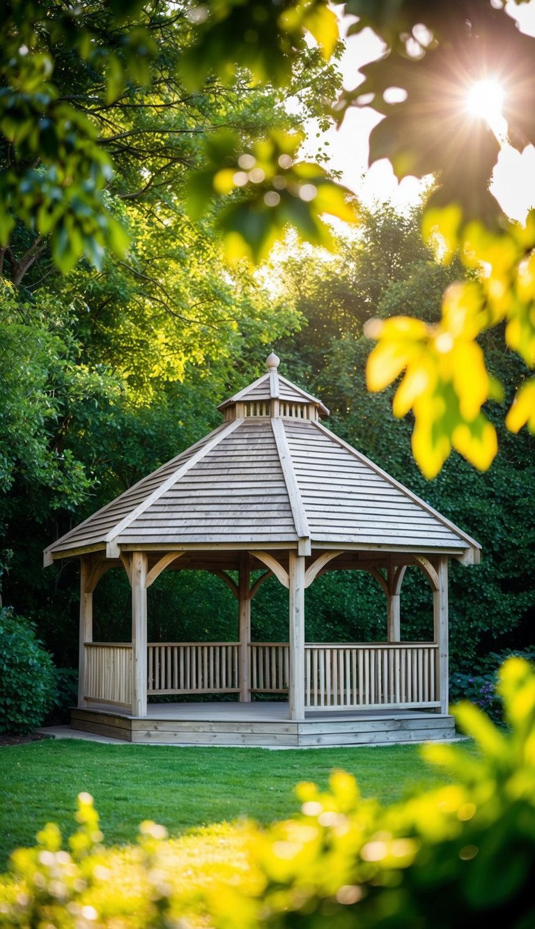 A rustic timber gazebo surrounded by lush greenery and dappled sunlight