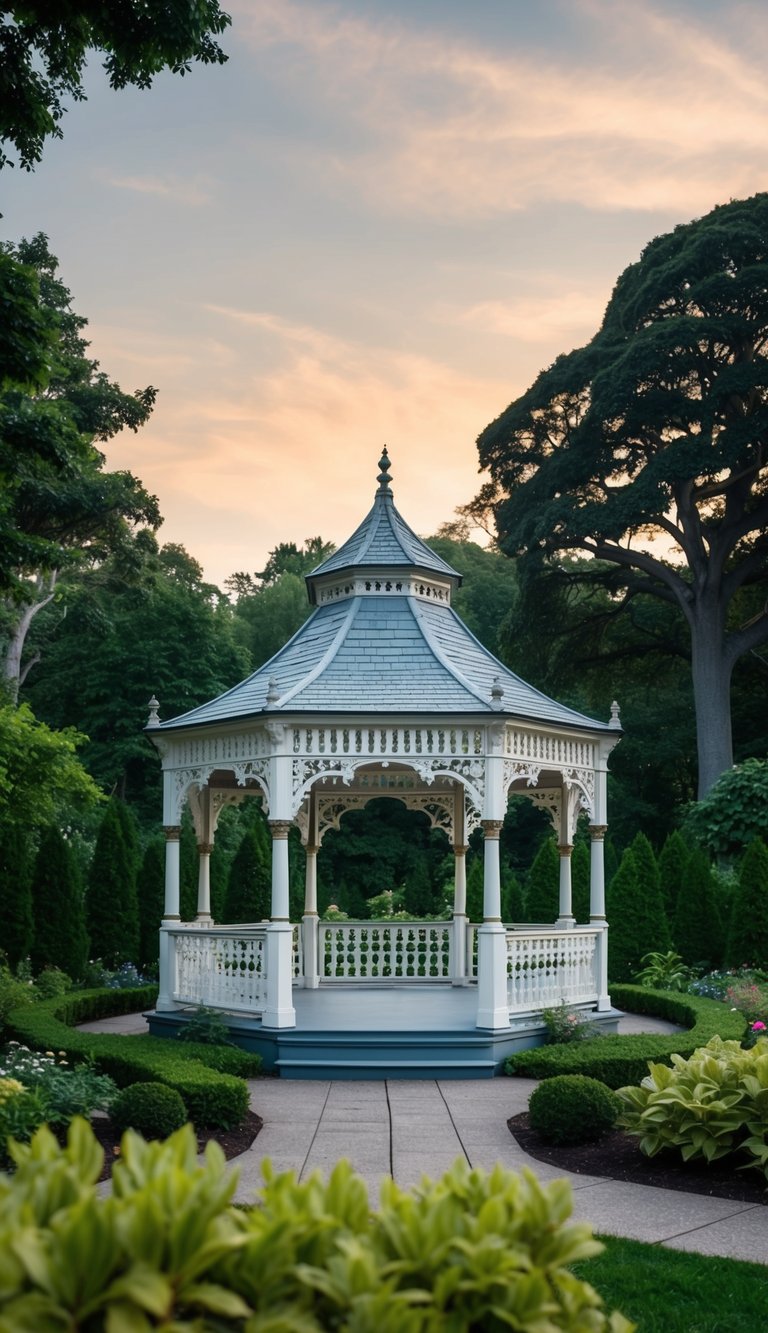 A grand Victorian gazebo with ornate trim and lattice walls, surrounded by lush gardens and towering trees