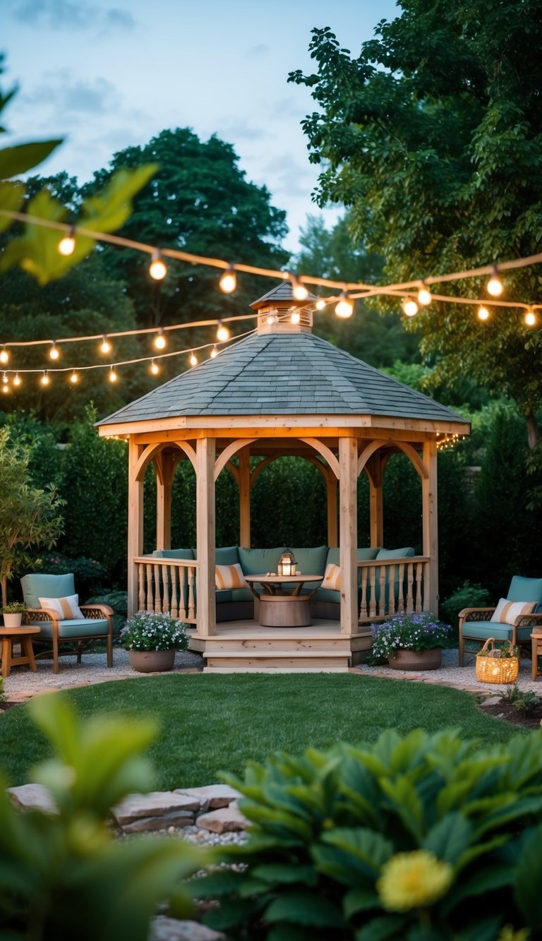 A rustic, Amish-built pavilion nestled in a lush garden setting with charming string lights and cozy seating areas
