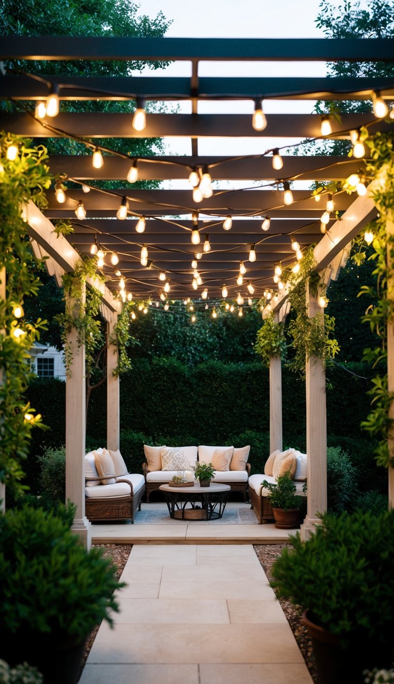 A pergola adorned with vintage lights, surrounded by lush greenery and cozy seating