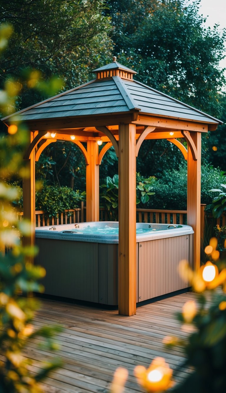 A wooden gazebo with a peaked roof, surrounded by lush greenery and warm lighting, enclosing a bubbling hot tub