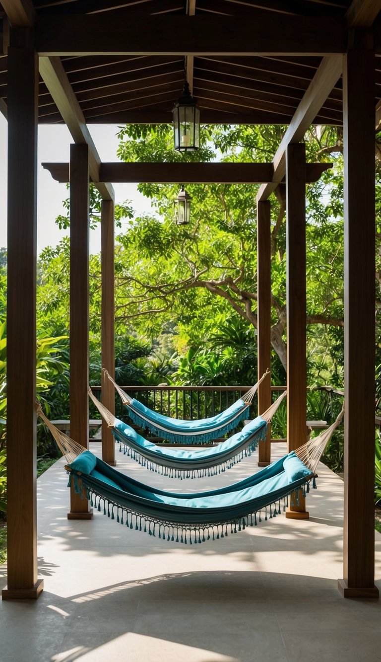 A serene, open-air pavilion with a series of inviting hammocks suspended from wooden beams, surrounded by lush greenery and dappled sunlight