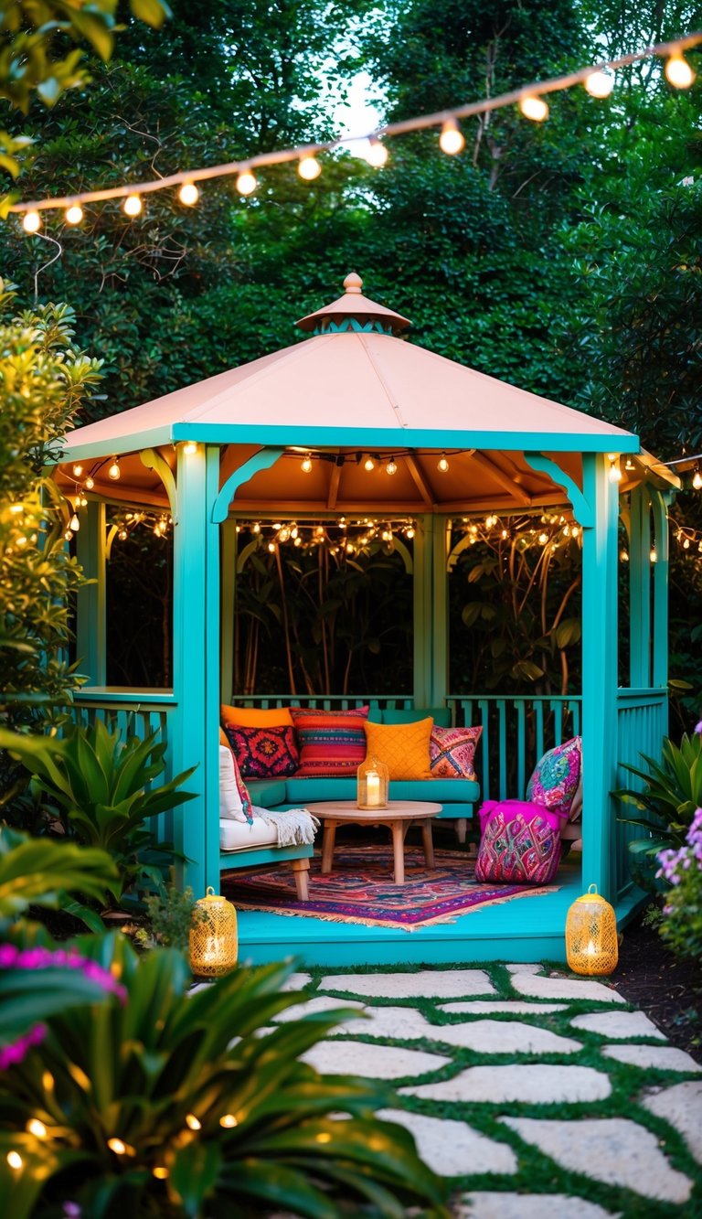 A colorful outdoor gazebo surrounded by lush greenery and twinkling string lights, with cozy seating and vibrant textiles creating a bohemian escape