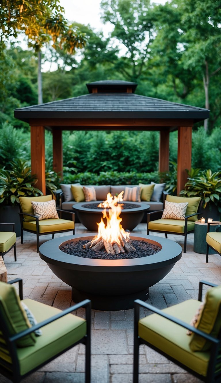 A cozy fire pit lounge pavilion surrounded by lush greenery and comfortable seating, perfect for outdoor relaxation and social gatherings