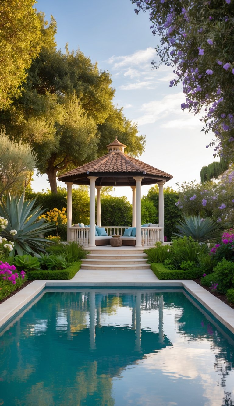 A serene Mediterranean oasis with 24 outdoor gazebo ideas surrounded by lush greenery, blooming flowers, and tranquil water features