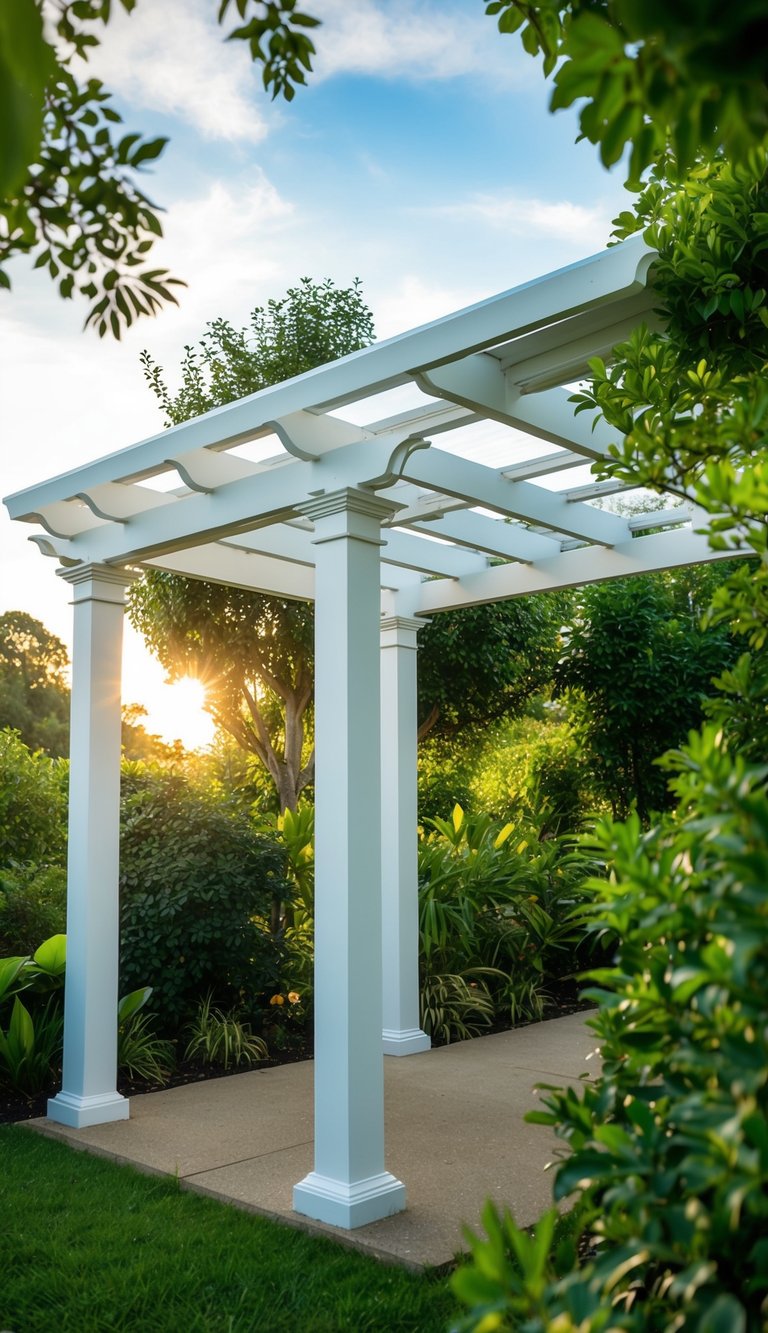 A white pergola with a skylight stands in a lush outdoor setting, surrounded by greenery and bathed in natural light