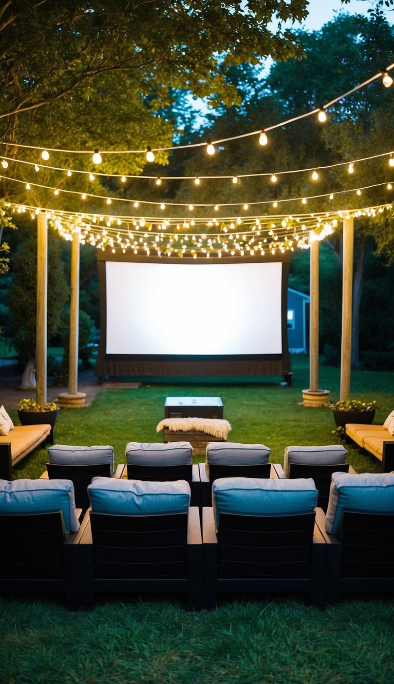 An outdoor movie pavilion with string lights, cozy seating, and a large screen surrounded by trees and greenery