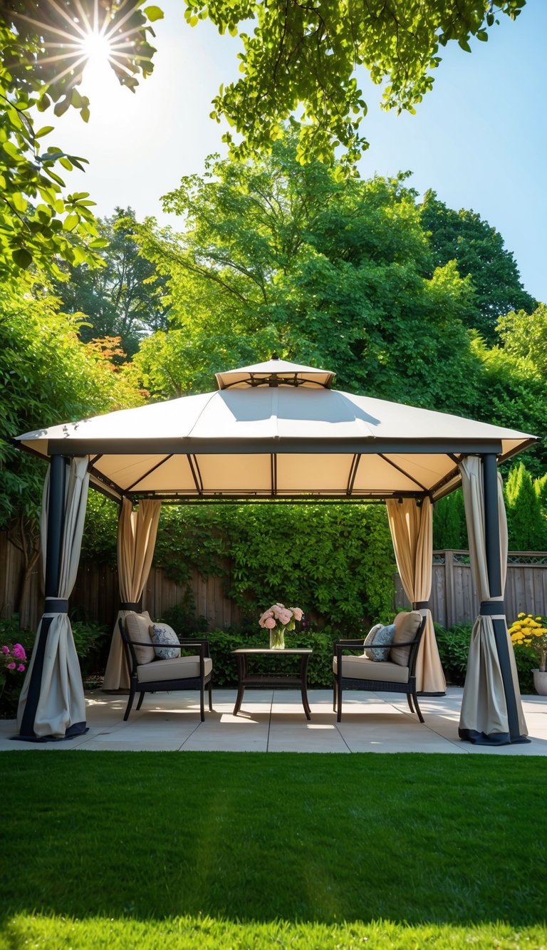 A retractable roof gazebo stands in a lush backyard, surrounded by flowers and greenery. The sun shines through the open roof, casting dappled shadows on the ground