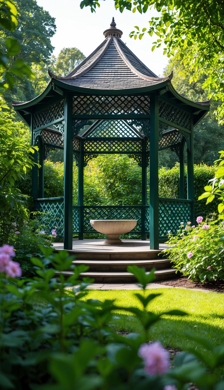 A serene garden pavilion with intricate lattice walls, surrounded by lush greenery and blooming flowers. The sunlight filters through the foliage, casting dappled shadows on the ground