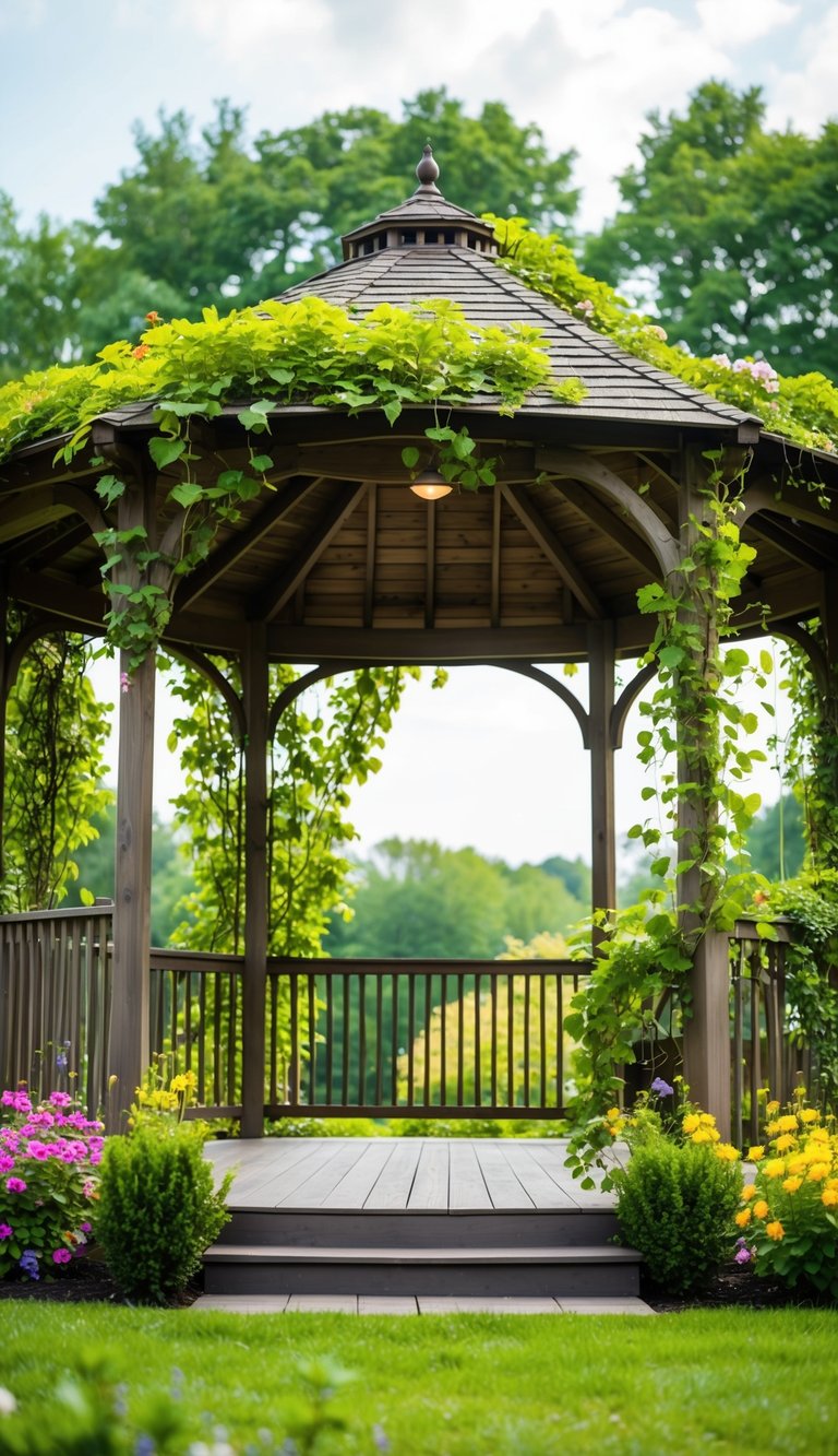 A round gazebo with climbing vines covering the wooden structure, surrounded by lush greenery and colorful flowers, creating a serene outdoor space