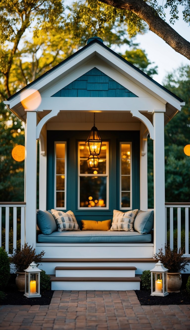 A charming outdoor pavilion with a cozy reading nook, complete with comfortable seating, soft cushions, and warm lighting