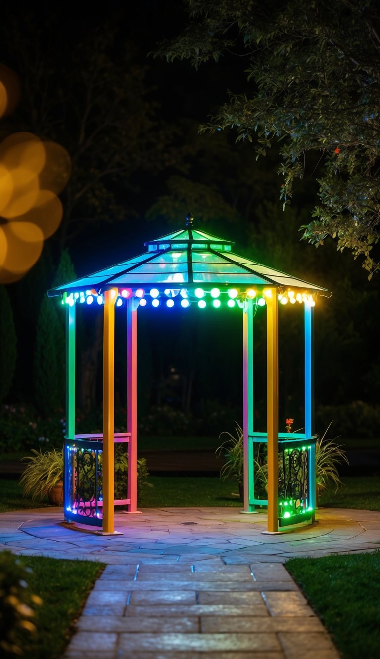 A colorful solar-powered LED gazebo illuminates a tranquil garden at night