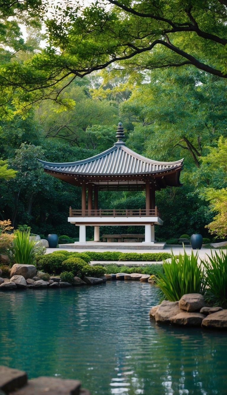 A serene Zen pavilion surrounded by lush greenery and a tranquil water feature