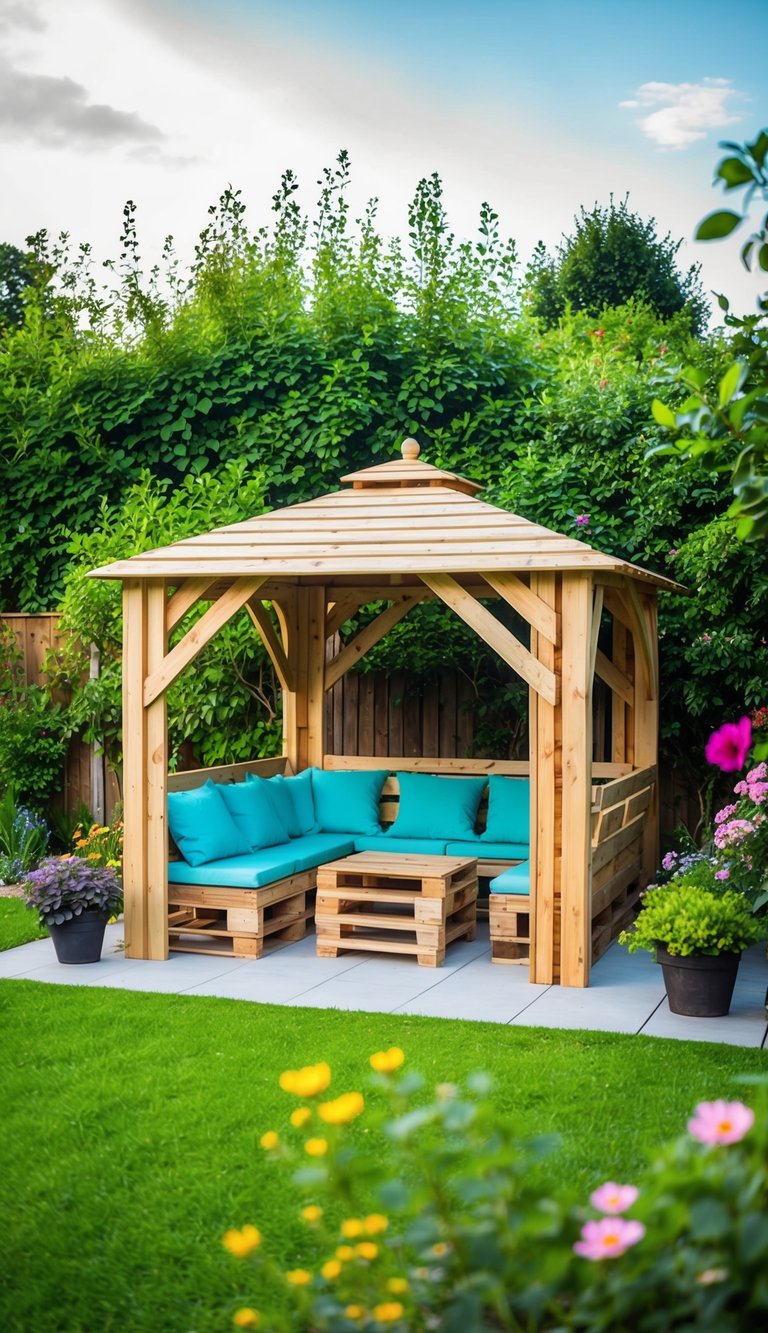 A pallet gazebo stands in a lush backyard, surrounded by greenery and flowers. The wooden structure provides a cozy outdoor space for relaxation and entertaining