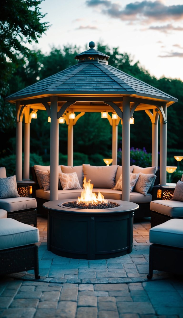 A cozy outdoor gazebo with a fire pit in the center, surrounded by comfortable seating and soft ambient lighting