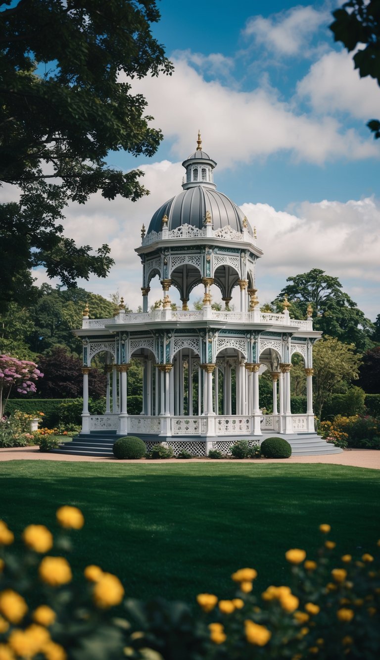 A grand, Victorian-inspired pavilion stands amidst lush gardens, adorned with intricate ironwork and ornate detailing