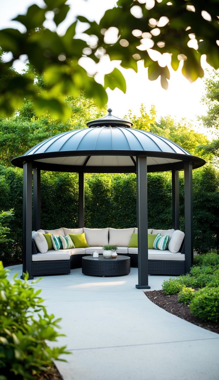 A modern outdoor gazebo with a curved roof design surrounded by lush greenery and comfortable seating
