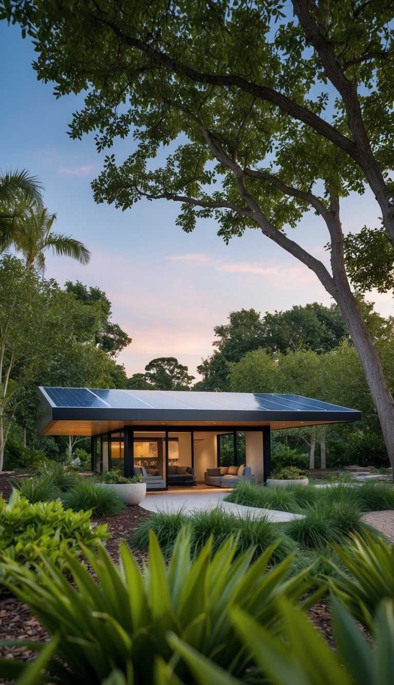 A modern, sleek solar-powered eco pavilion nestled in a lush outdoor setting, surrounded by trees and natural landscaping