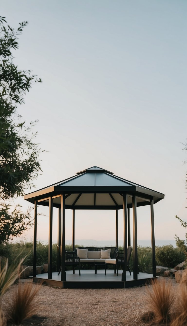 A minimalist outdoor gazebo surrounded by natural elements and simple, clean lines