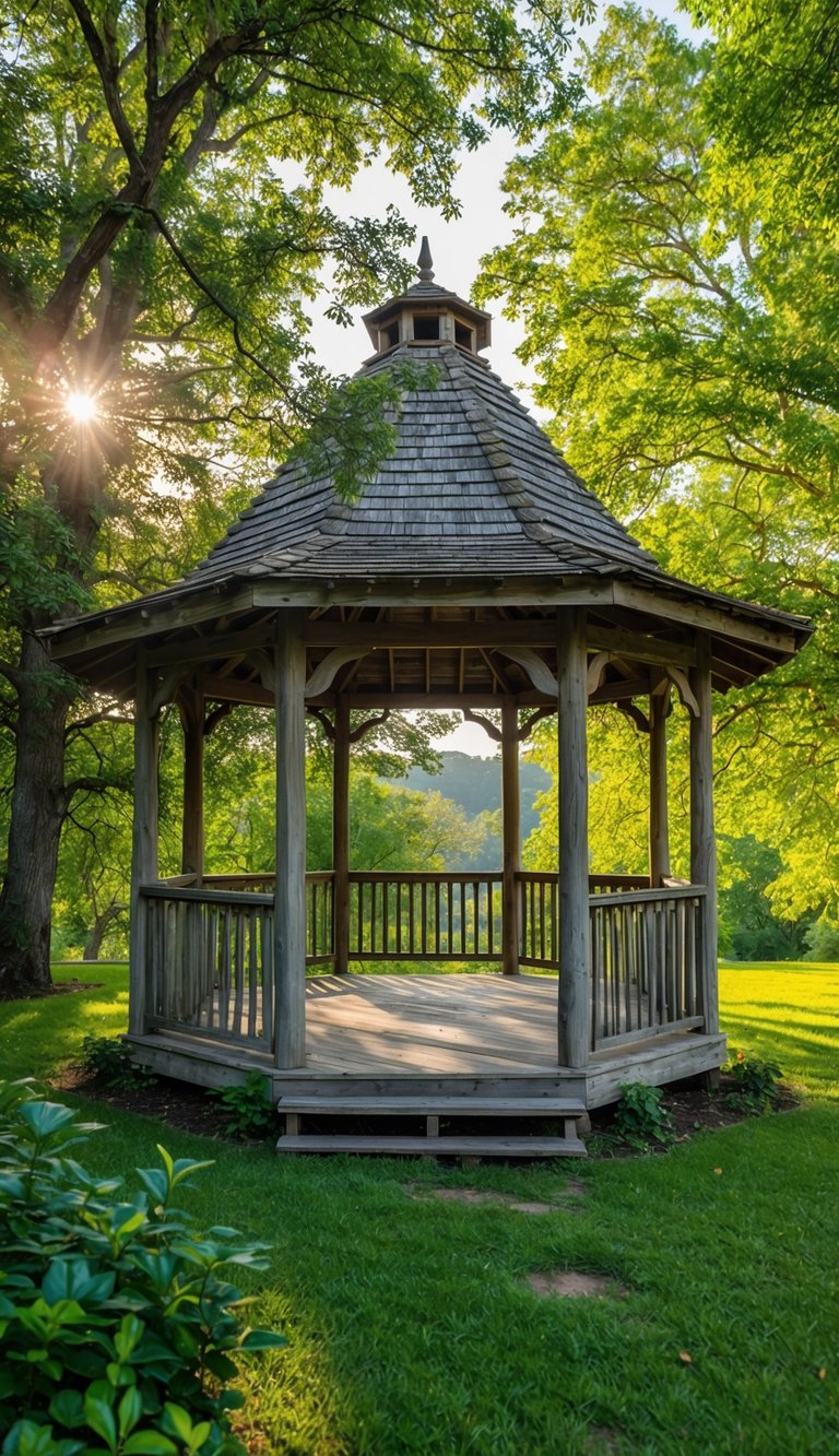 A vintage rustic wood pavilion nestled in a serene outdoor setting, surrounded by lush greenery and dappled sunlight filtering through the trees