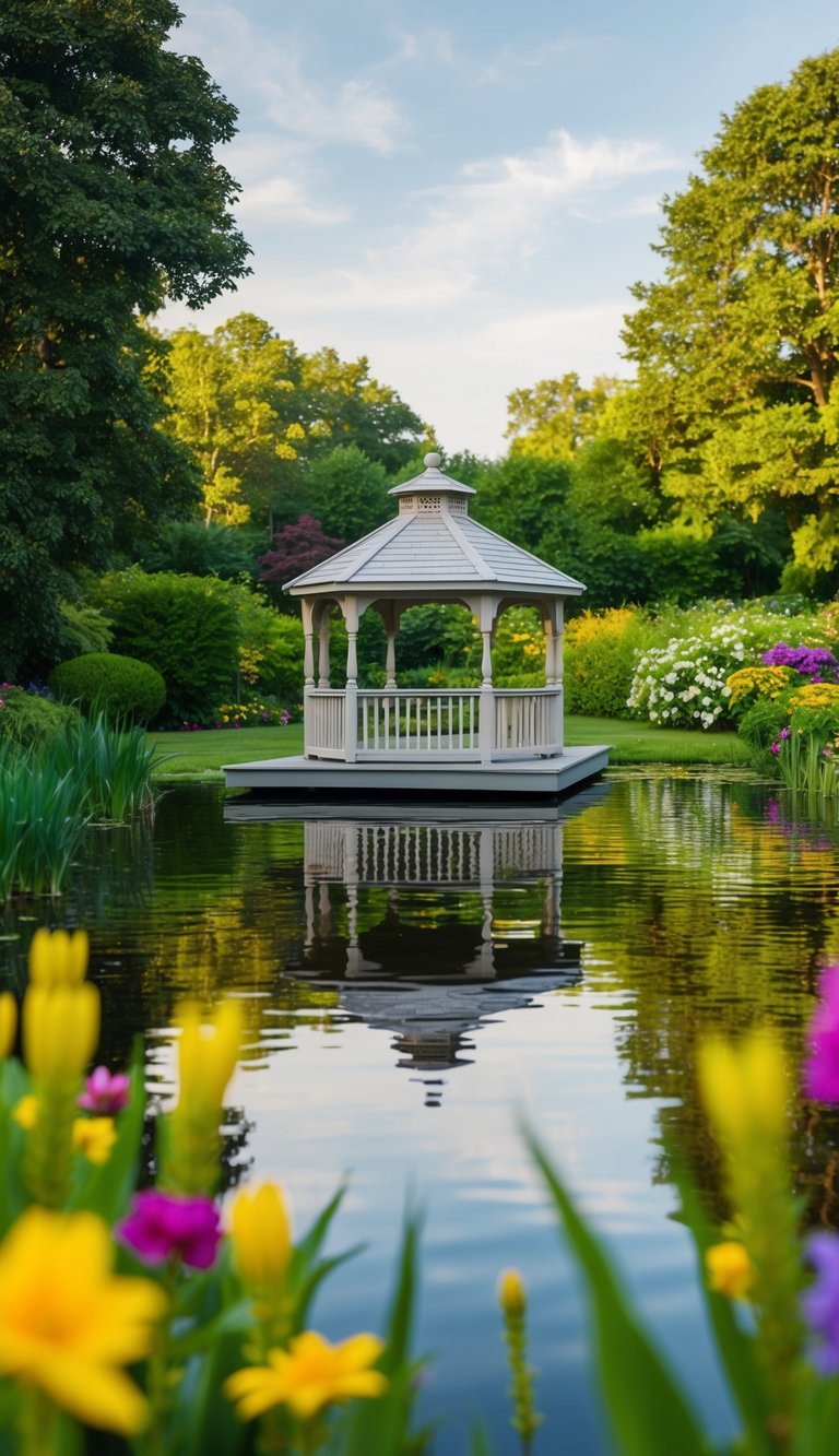 A serene pond with a floating gazebo surrounded by lush greenery and colorful flowers