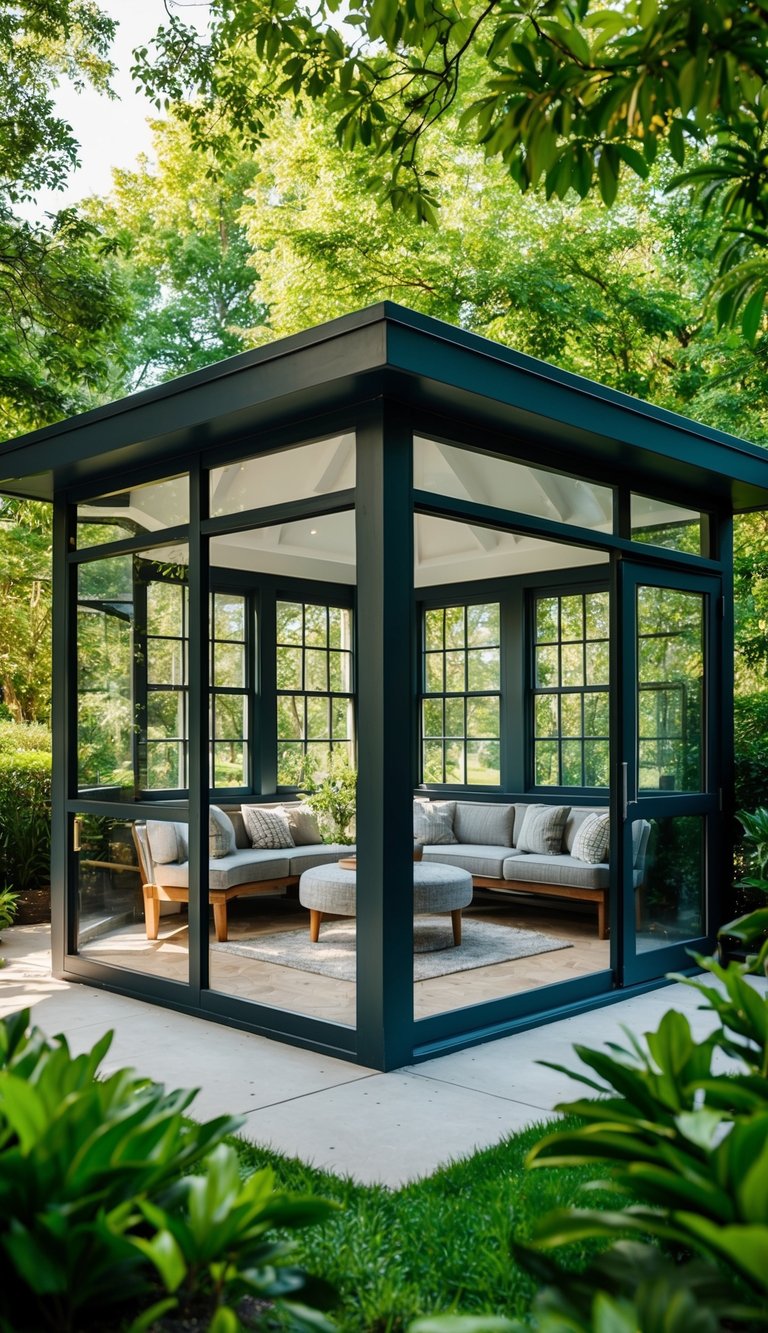 A spacious art studio corner pavilion surrounded by lush greenery and filled with natural light, featuring large windows and a cozy seating area