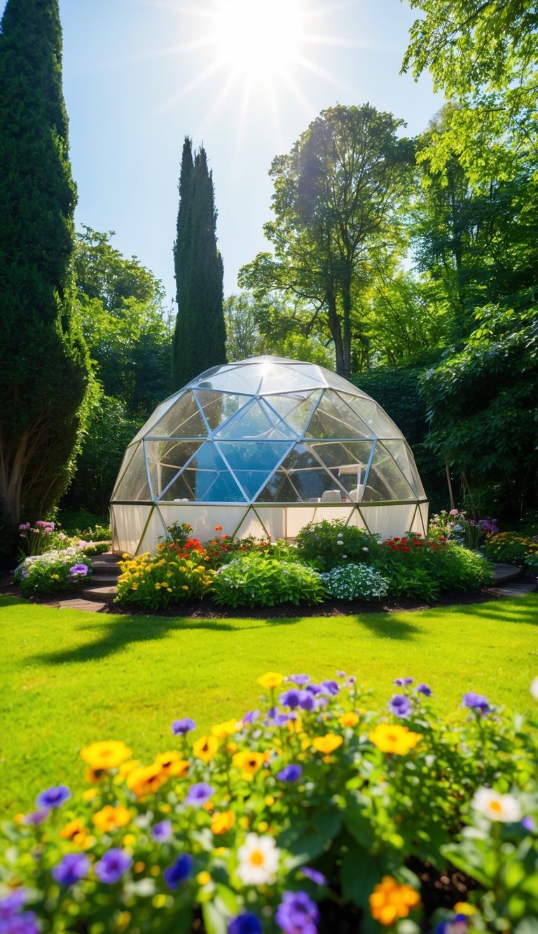 A geodesic dome gazebo nestled in a lush garden, surrounded by colorful flowers and tall trees. The sun is shining, casting dappled shadows on the ground